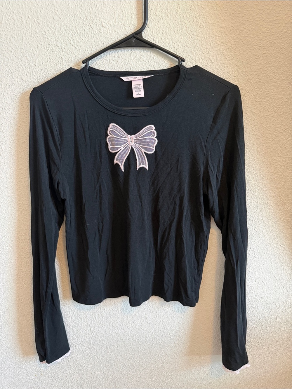 Victoria's Secret Black Long Sleeve Top with Light Pink Bow Applique